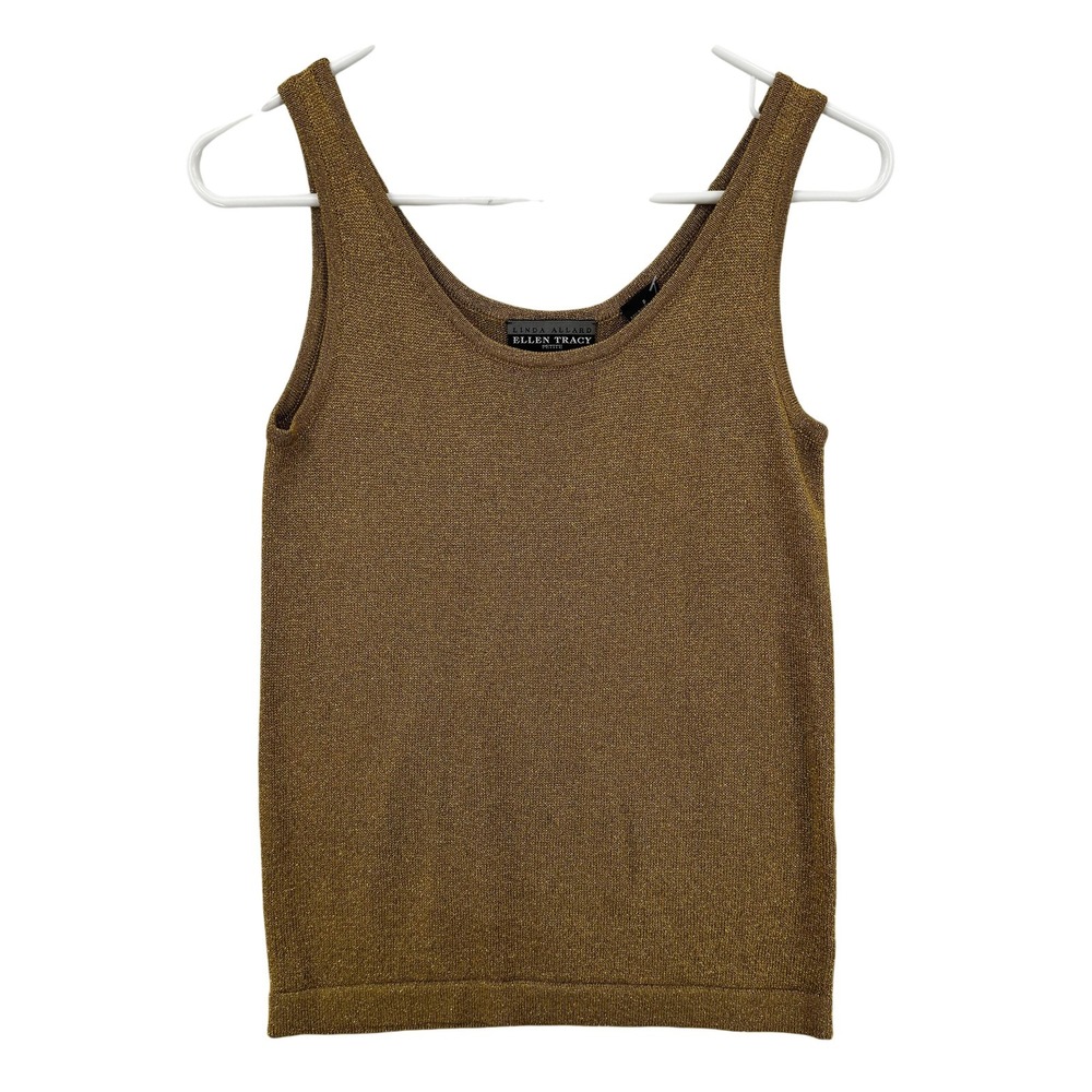 Ellen Tracy Tank Top Womens Petite Gold Metallic Sleeveless Knit‎ Sparkle Shirt